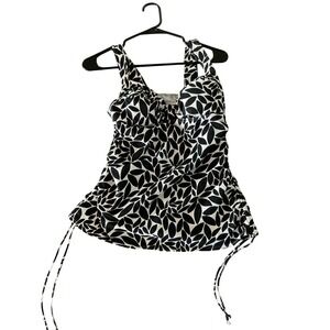Lands' End Womens Black White Leaf Print Tankini Swim Top Size 8P Cinch Sides